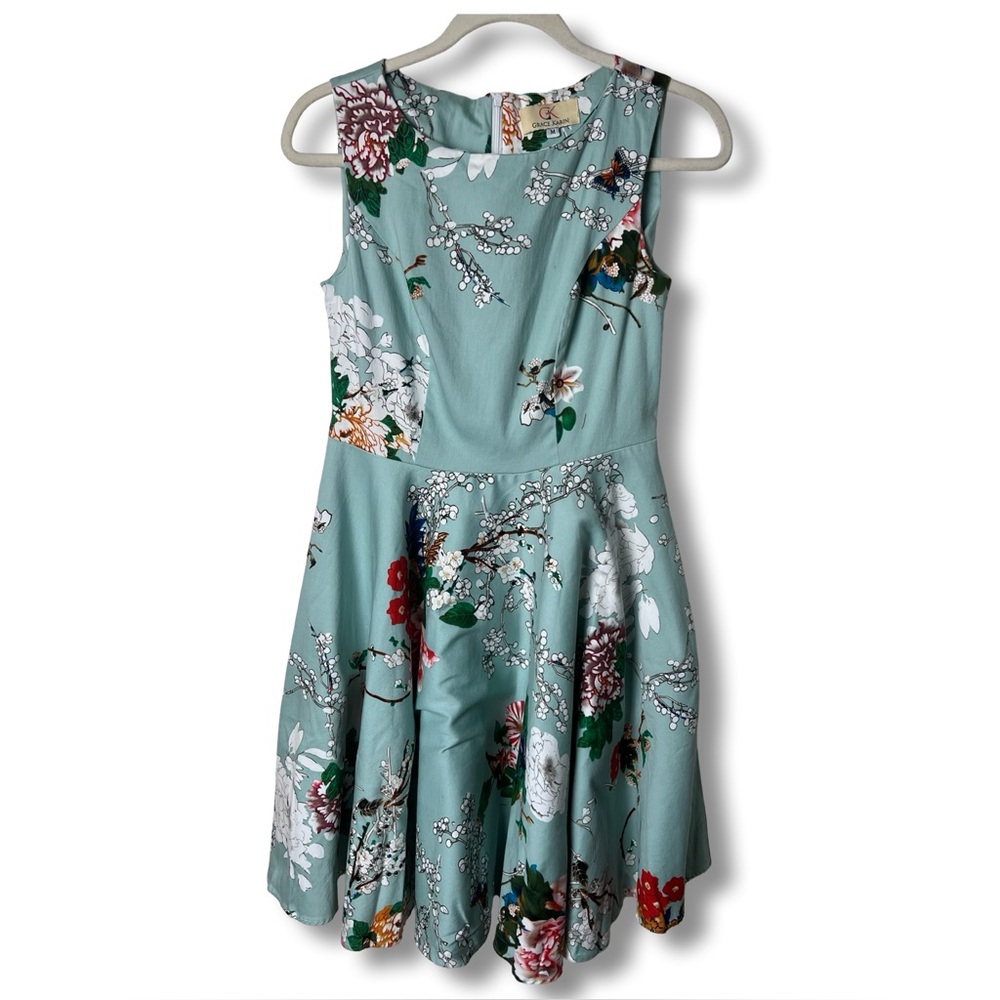 Grace Karin Floral Chinoiserie Fit & Flare Sleeveless Mini Dress Mint Sz M‎